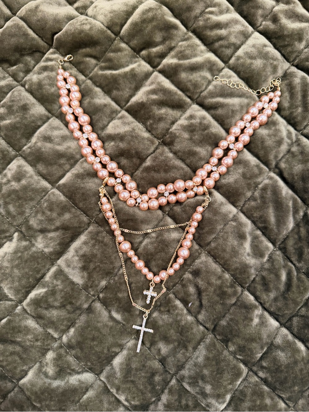 Layered Pink Pearl and Gold Cross Necklace - Women Jewelry